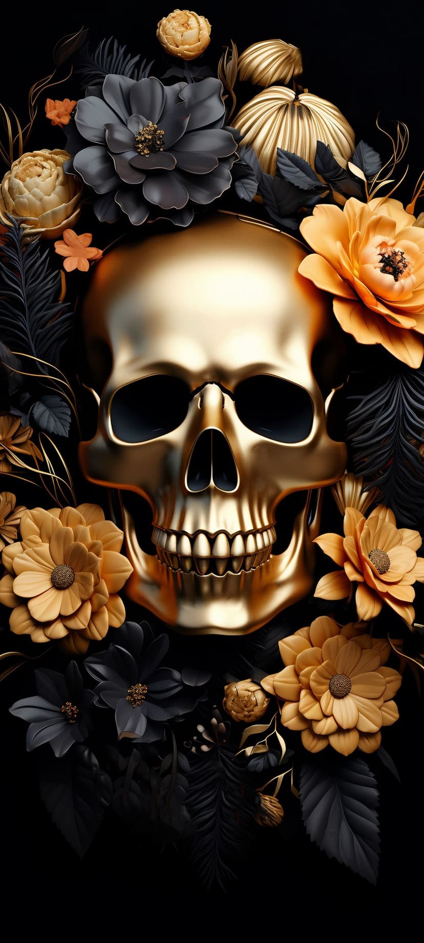 Polished gold skull centered among velvet black flowers and golden leaves with deep shadows and highlights.