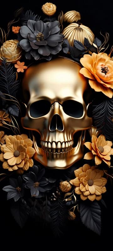 Golden Skull Surrounded by Dark and Gold Flowers