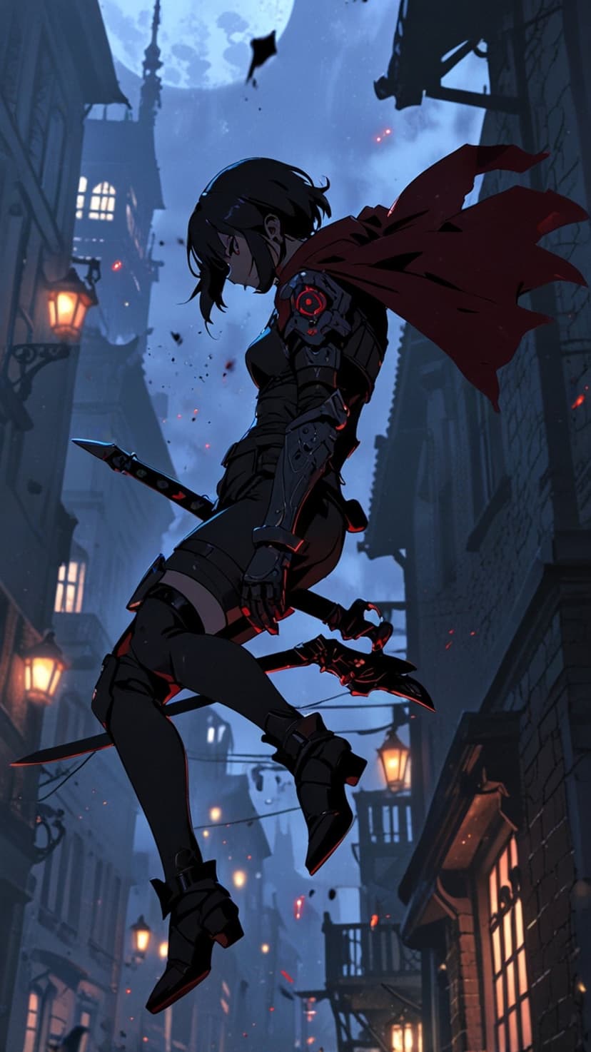 Armored warrior with a red cape leaps through a moonlit gothic street between glowing ornate lanterns.