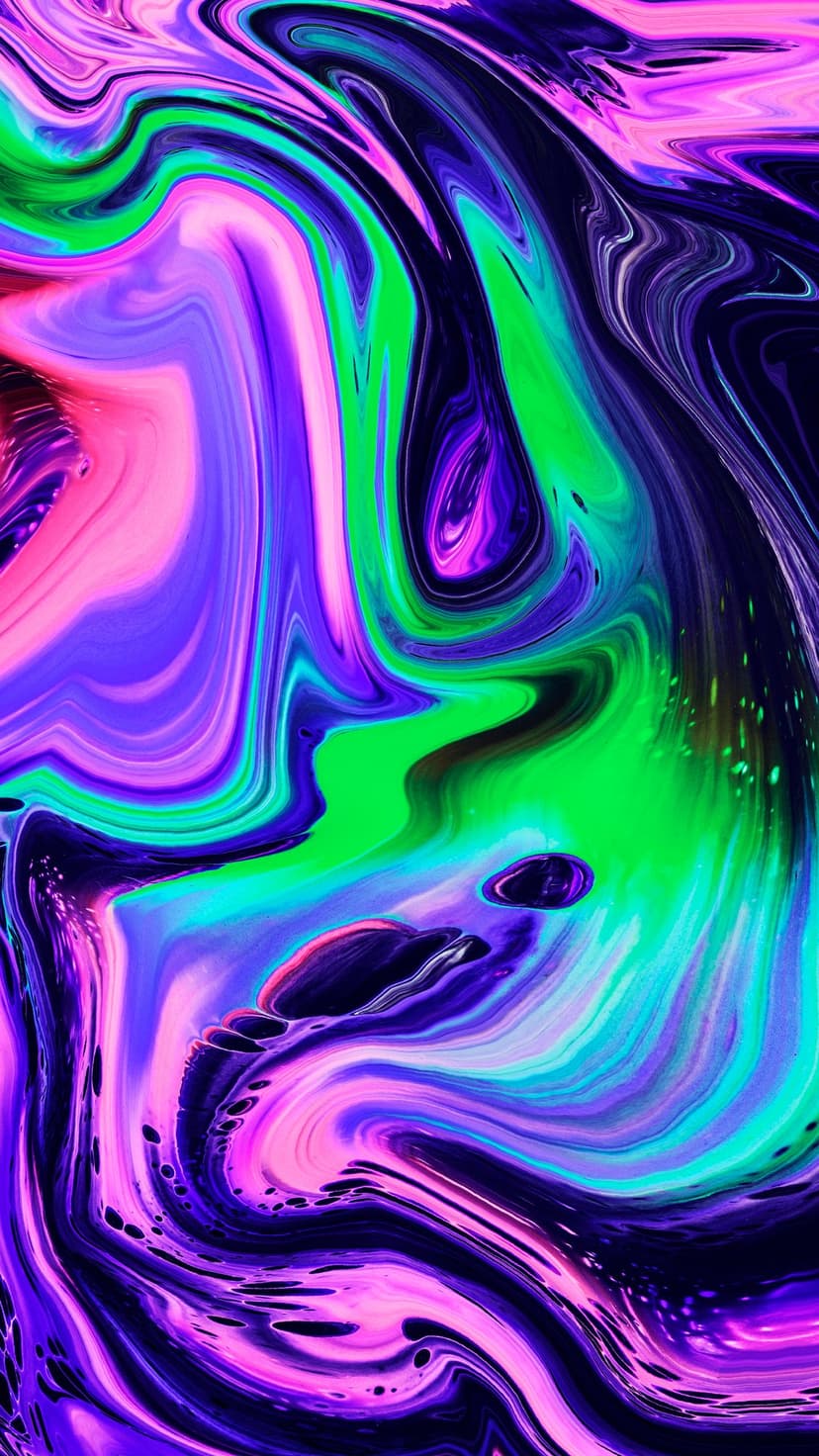 Swirling neon pink and electric green liquid patterns overlap in a vibrant, psychedelic vertical composition.