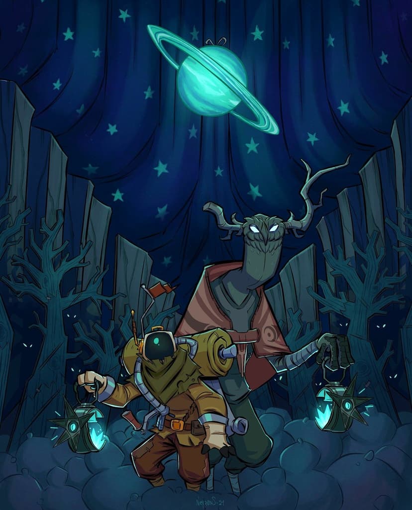 An astronaut and a tall horned creature hold glowing blue lanterns in a dark forest under a teal ringed planet.