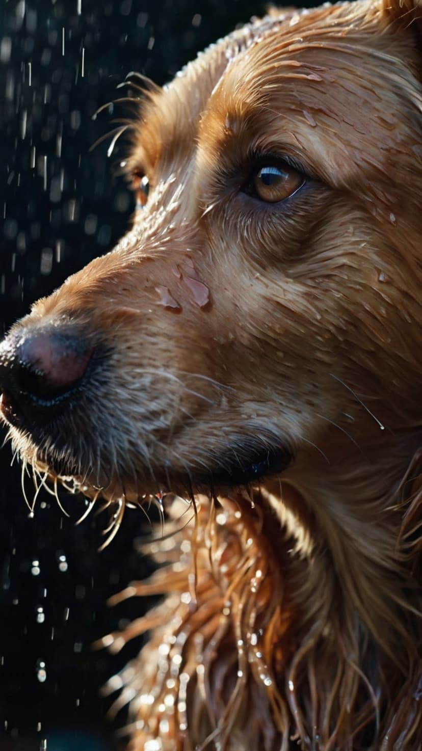 Golden Retriever with wet fur and glistening raindrops on its muzzle gazing forward during a light rain shower.