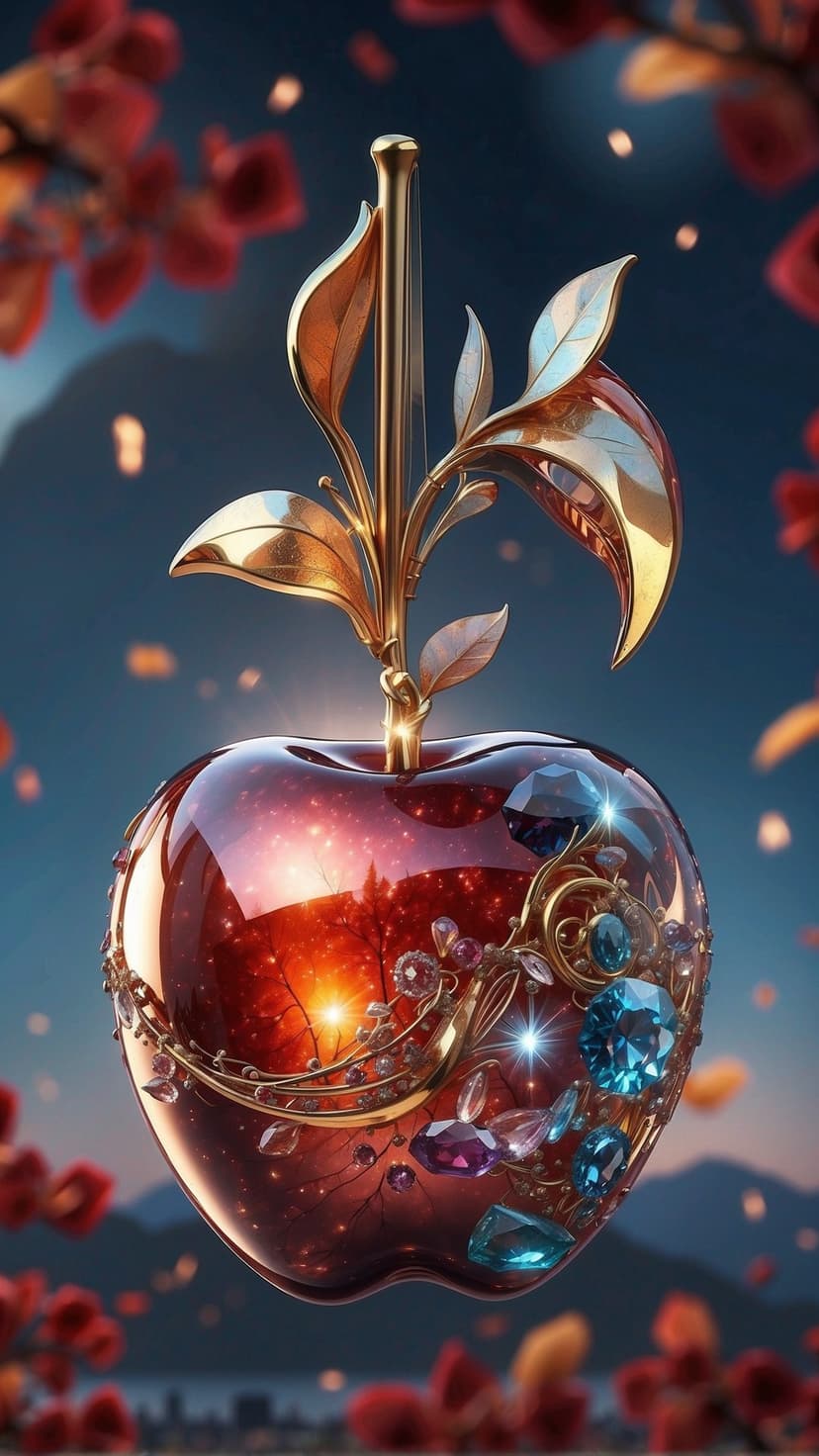 Jeweled red apple featuring gold filigree and leaves against a dark backdrop with soft crimson bokeh.
