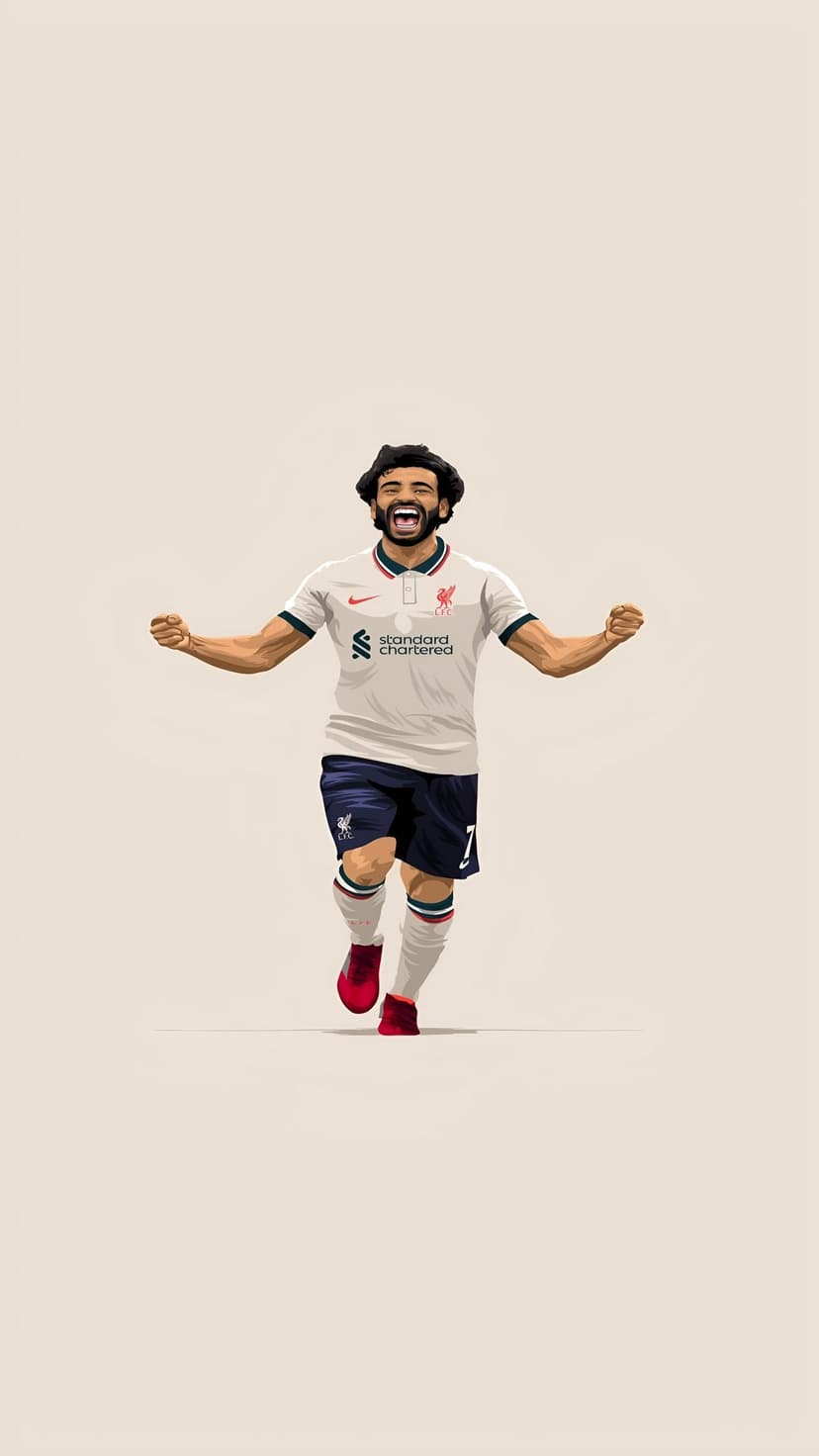 Mohamed Salah cheers in his red Liverpool kit with arms outstretched against a vibrant, energetic backdrop.