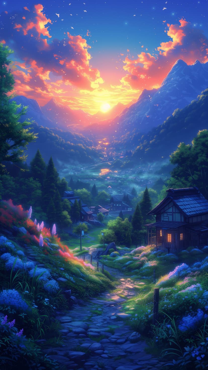 Traditional Japanese houses nestled in a mountain valley under a sky of vibrant pink and orange sunset clouds.