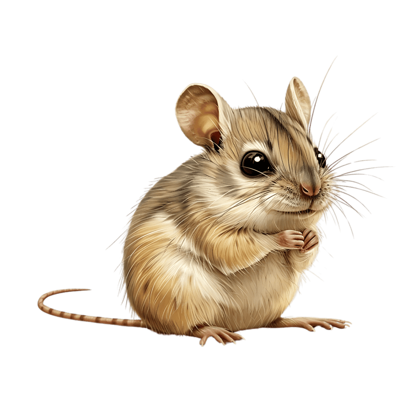 Realistic brown gerbil sits with paws clasped showing soft fur textures and long whiskers on a dark background.