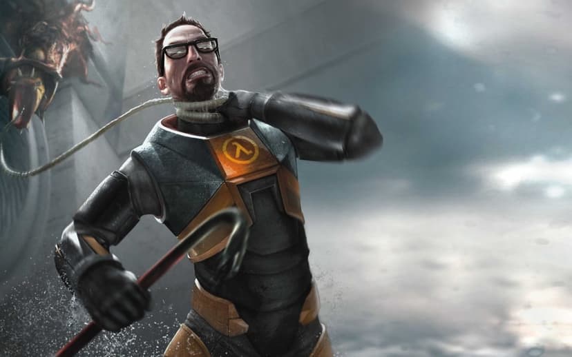 Gordon Freeman in HEV suit struggling against a Barnacle tongue in an industrial setting with a red crowbar.