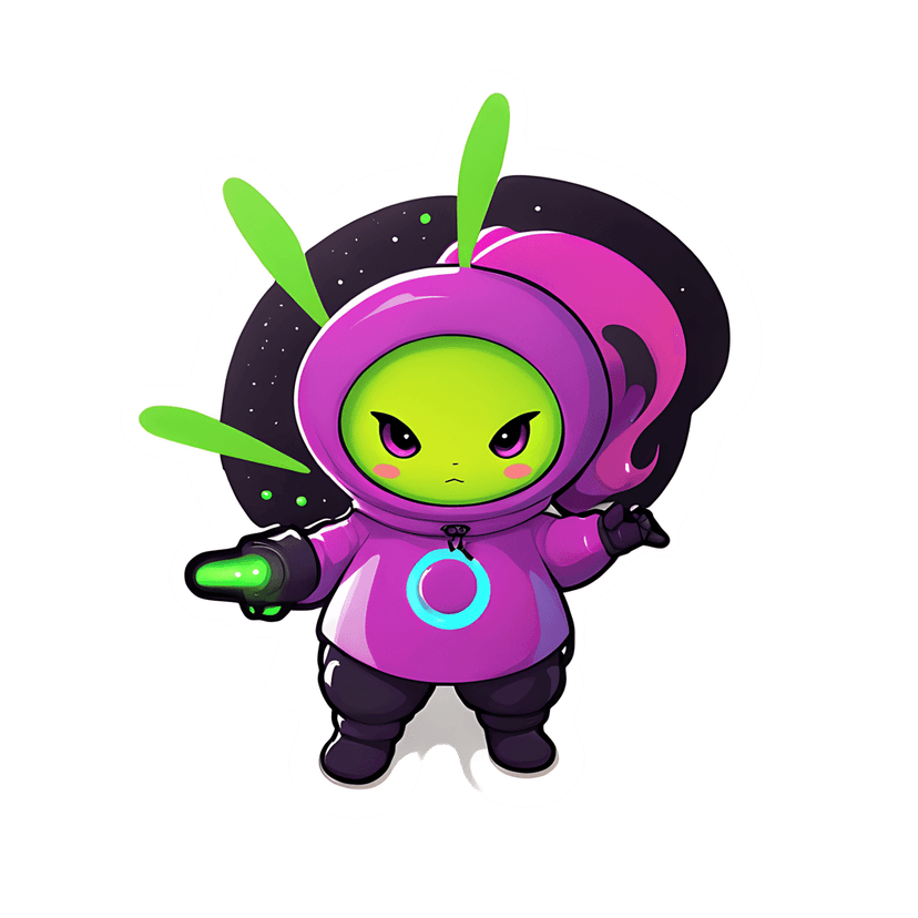 Lime green alien wearing a purple hoodie holding a futuristic blaster against a dark starry background.