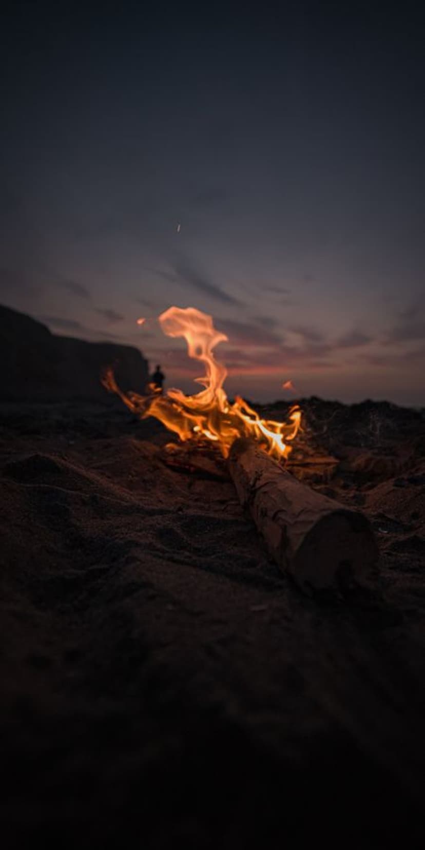 Large bonfire flames dance on a dark sandy beach as the sun sets over the distant ocean horizon at dusk.
