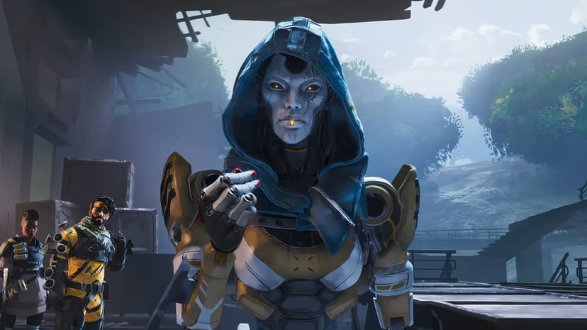 Ash from Apex Legends with glowing eyes and blue hood stands before Mirage and Bangalore in a jungle setting.