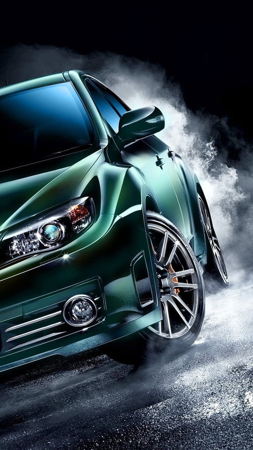 Green sports car drifting through white tire smoke on a wet asphalt road at night with glowing headlights.