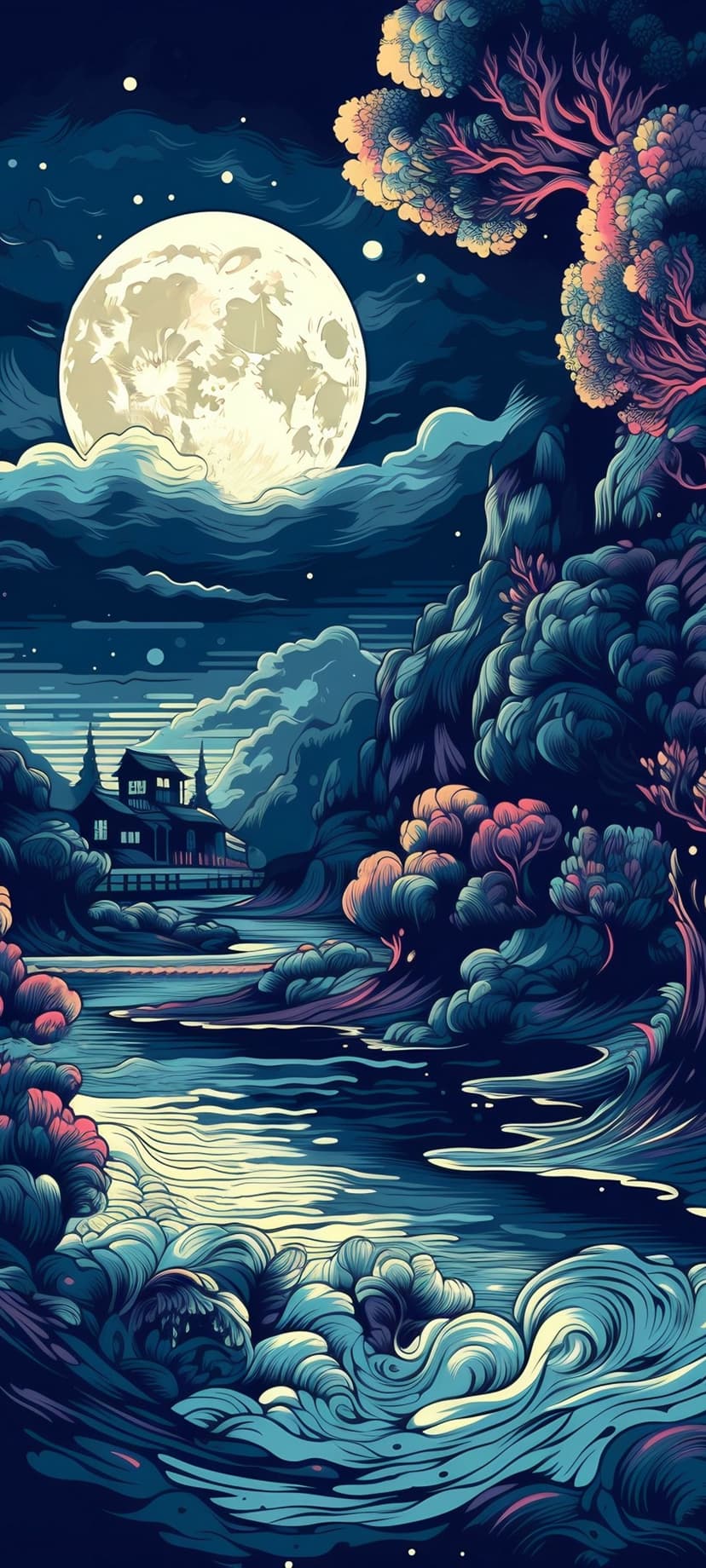 Traditional Japanese house under a bright full moon reflecting in swirling blue water beside stylized trees.