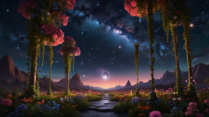 Stone pathway winds through glowing alien plants under a purple nebula sky with a massive luminous planet.