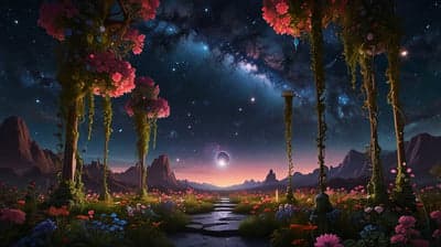 Cosmic Garden Pathway Under a Starry Sky