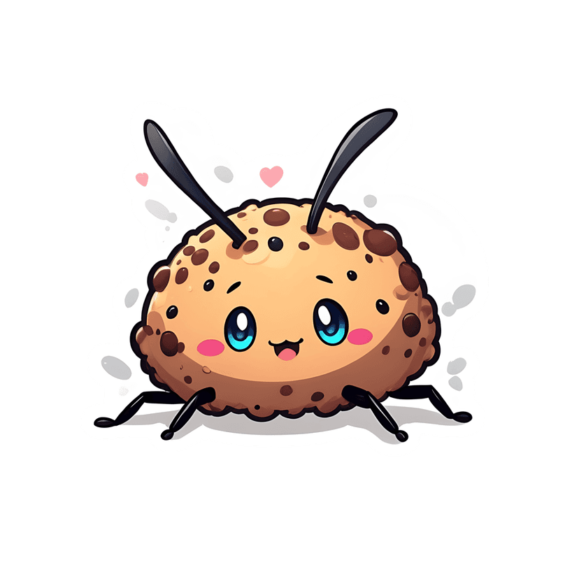 Cookie bug character with chocolate chips, large blue eyes, and white die-cut border on transparent background.