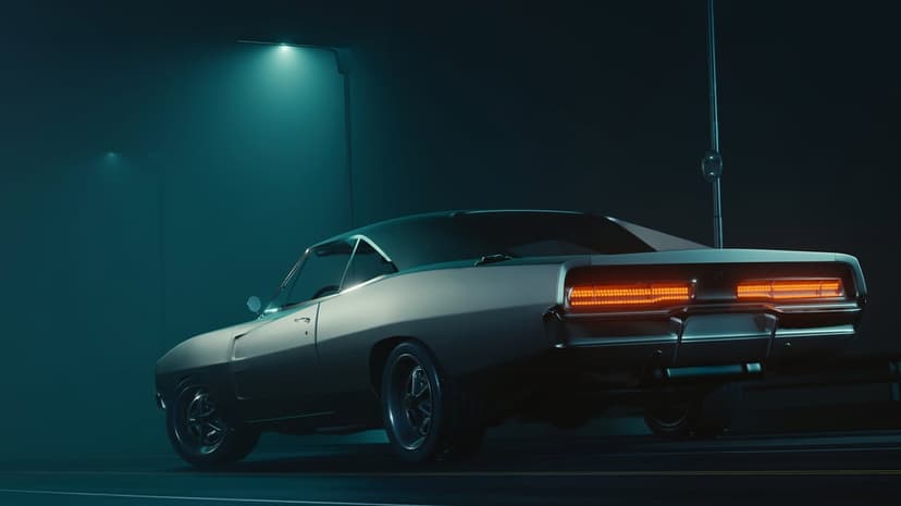 Rear view of a classic muscle car on a foggy night road under teal streetlights with glowing orange taillights.