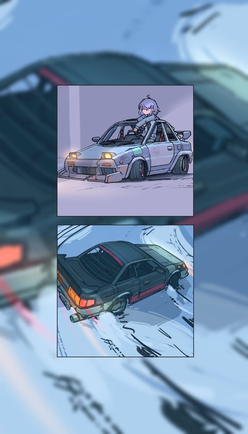 Two stylized coupes drift through a snowy mountain pass and an urban garage with visible tire smoke and snow.
