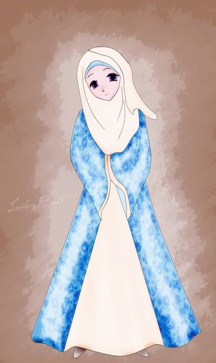 Anime girl in a blue marbled dress and cream hijab gazes calmly against a muted brown textured backdrop.