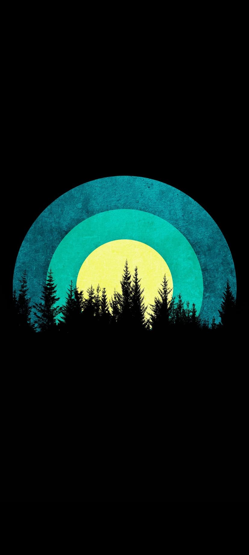 Pine tree silhouettes stand before three concentric yellow rings against a dark teal and textured background.