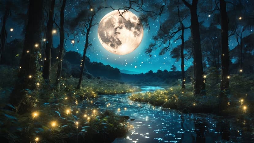 Glowing fireflies hover over a moonlit woodland stream, casting soft light across a dark forest at night.