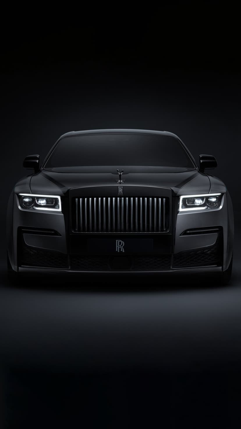 Symmetrical front view of a black luxury car with glowing LED headlights and a chrome grille on a dark background.