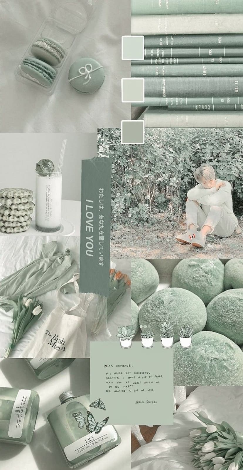 Vintage books, sage macarons, and pale tulips arranged in a soft aesthetic collage for a calming screen display.