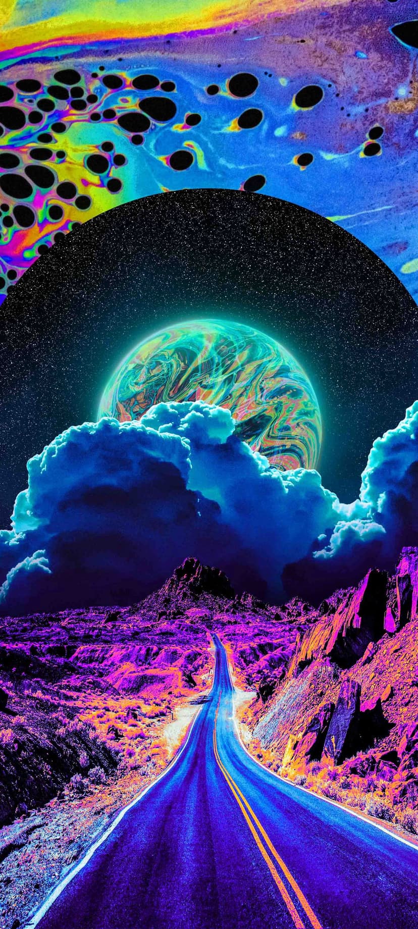 Winding road leads through purple mountains toward a giant glowing planet under a vibrant swirling nebula sky.