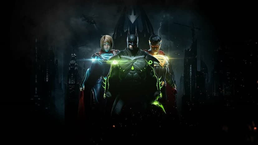 Batman in green glowing armor stands between Supergirl and Superman against a dark futuristic city skyline.