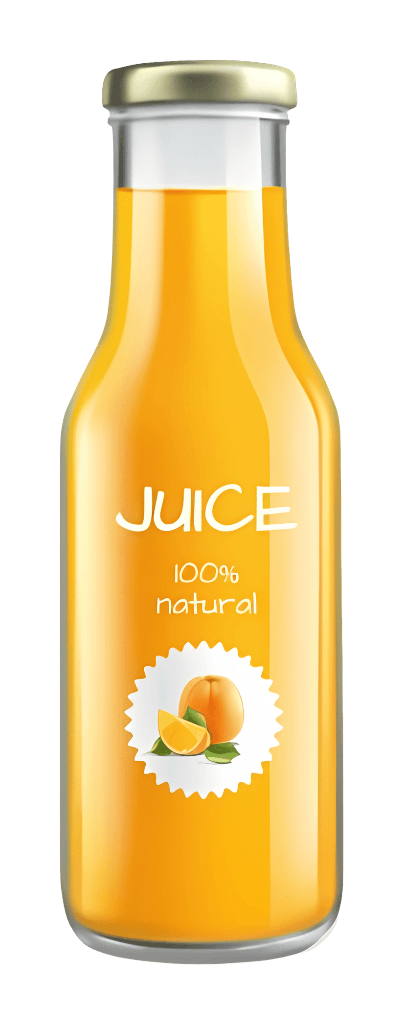 Orange juice bottle stands upright against a transparent background featuring realistic shadows and glossy plastic.