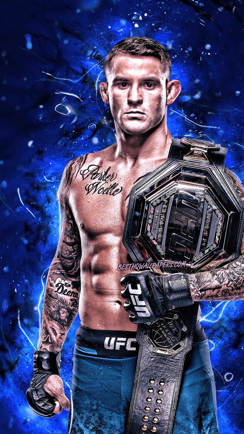 Dustin Poirier holding a gold UFC belt over his shoulder with tattoos visible against an electric blue backdrop.