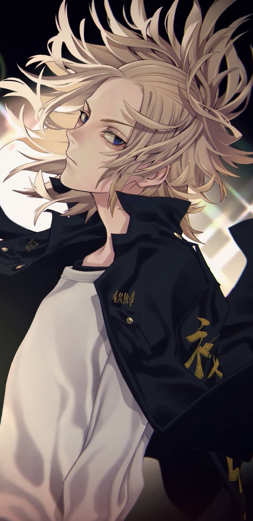 Blonde anime character with blue eyes wearing a black jacket with gold letters shown in a sharp side profile.