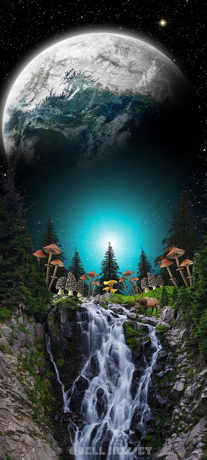Giant glowing mushrooms grow near a waterfall under a massive Earth in a starry night sky with a grazing deer.