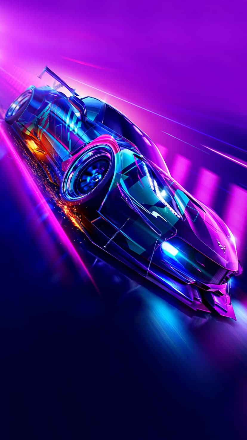 High-speed sports car drifting with glowing neon lights and orange sparks on a dark purple background.