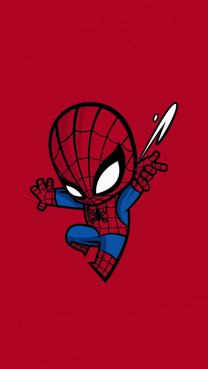 Chibi Spider-Man with large white mask eyes swings from a web line against a solid crimson red background.