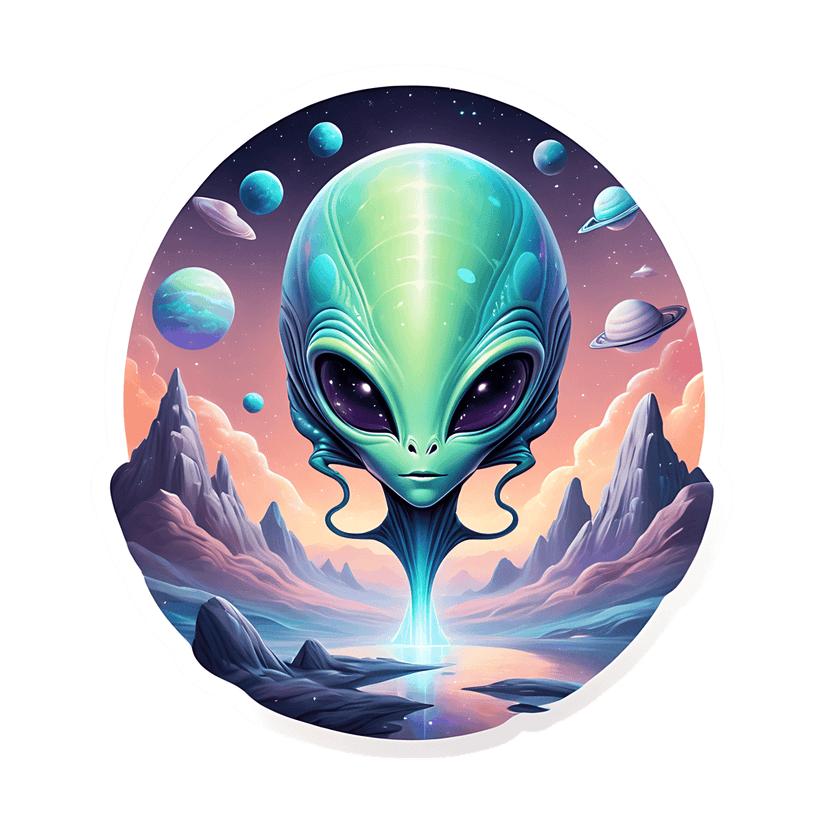 Green alien sticker character emerges from a glowing pool with purple mountains and UFOs under a cosmic sky.