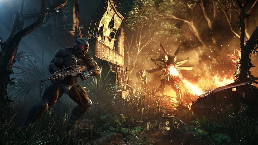 Nanosuit soldier with a rifle in a jungle ruin while an alien robot fires a stream of fire in the background.