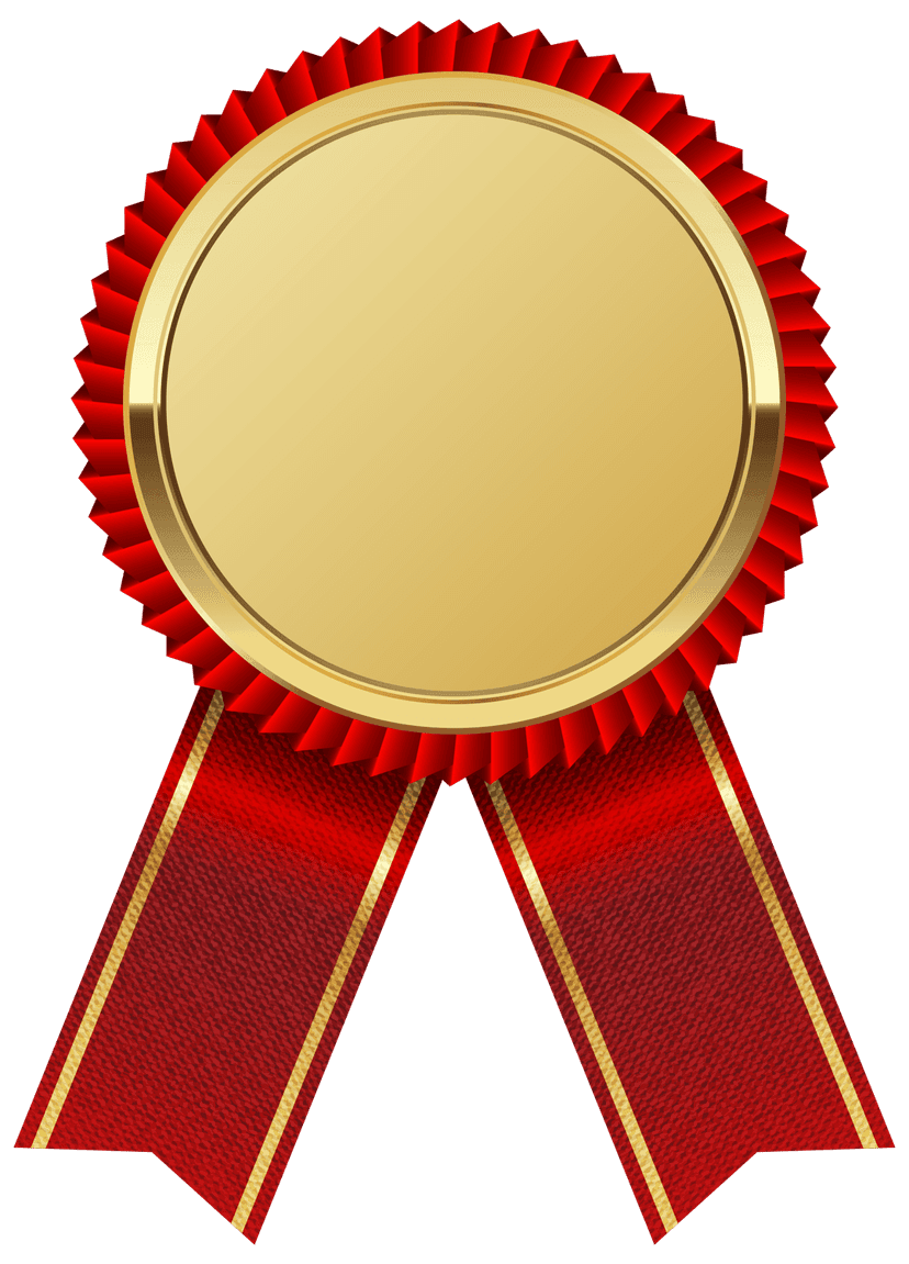 Gold medal with a folded red ribbon hanging from a polished metallic disc showing realistic light reflections.