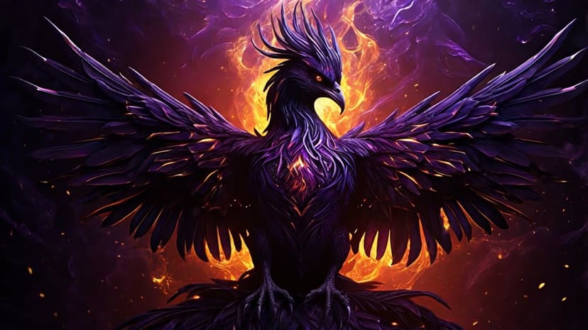 Black phoenix with shimmering purple feathers ascends through a chaotic burst of orange and gold flames.