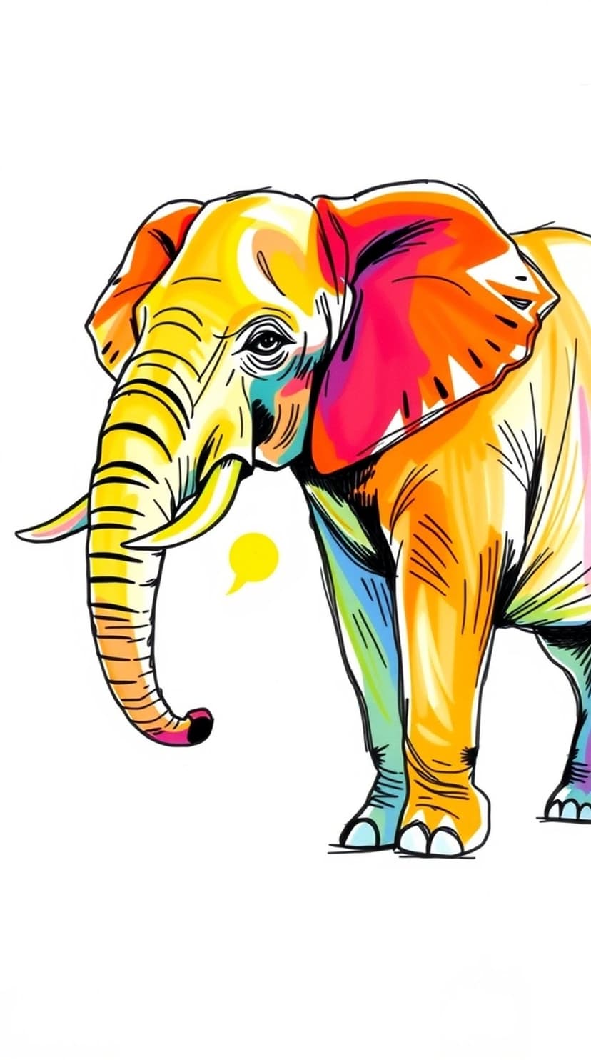 Elephant head with multi-colored patterns of orange, pink, and blue against a white background with paint splatters.