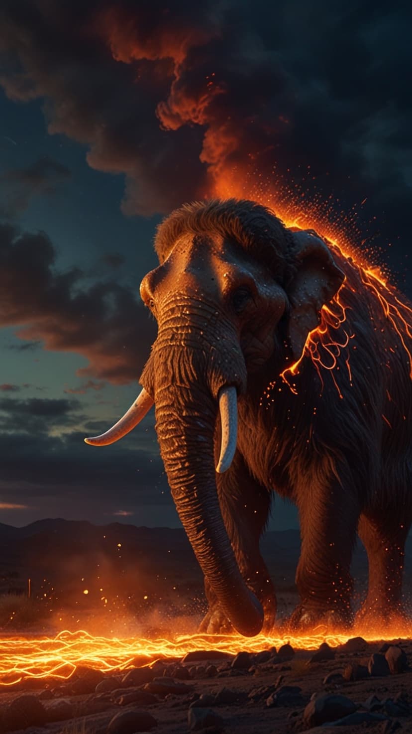 Massive elephant glowing with orange fire steps through a volcanic landscape of flowing lava and dark smoke.