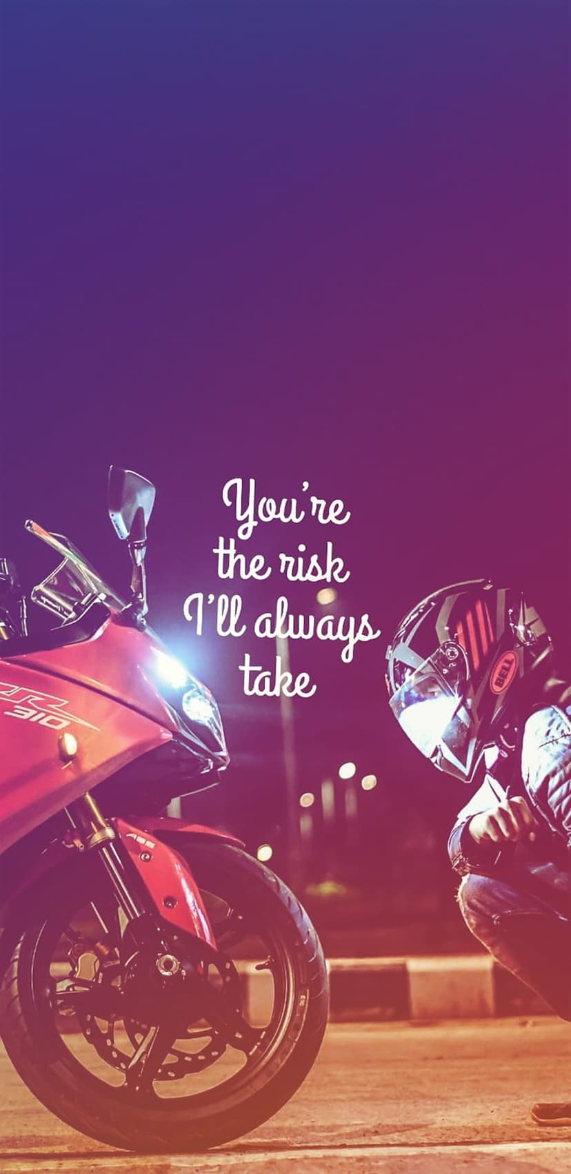 Red motorcycle rider wearing a helmet against a purple bokeh background with white text saying you are the risk.
