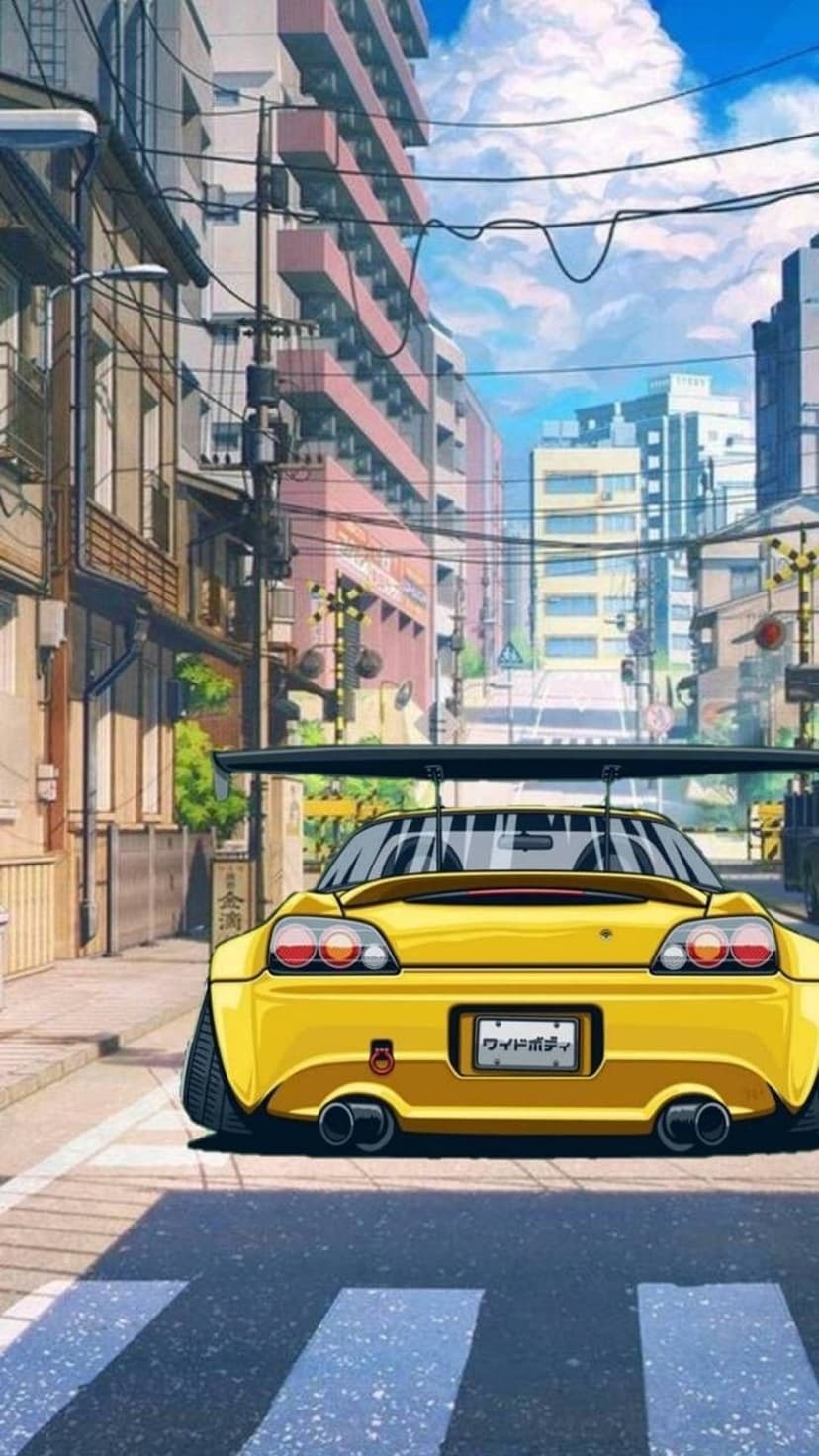 Yellow Toyota Supra with a large rear wing parked at a pedestrian crossing in a detailed Japanese city street.