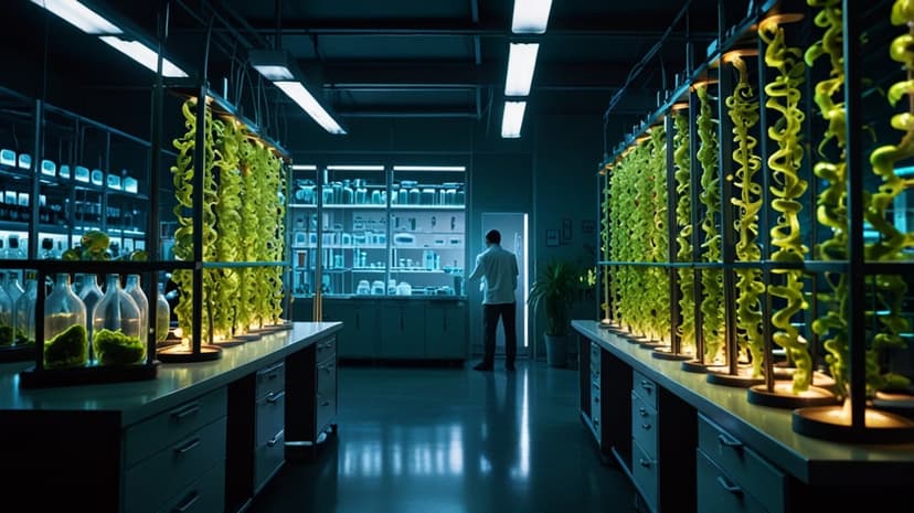 Lush green plants grow in vertical hydroponic systems inside a sterile sci-fi lab with a lone researcher in white