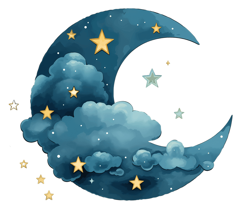 Crescent moon watercolor painting featuring yellow stars and soft blue clouds on a transparent background.