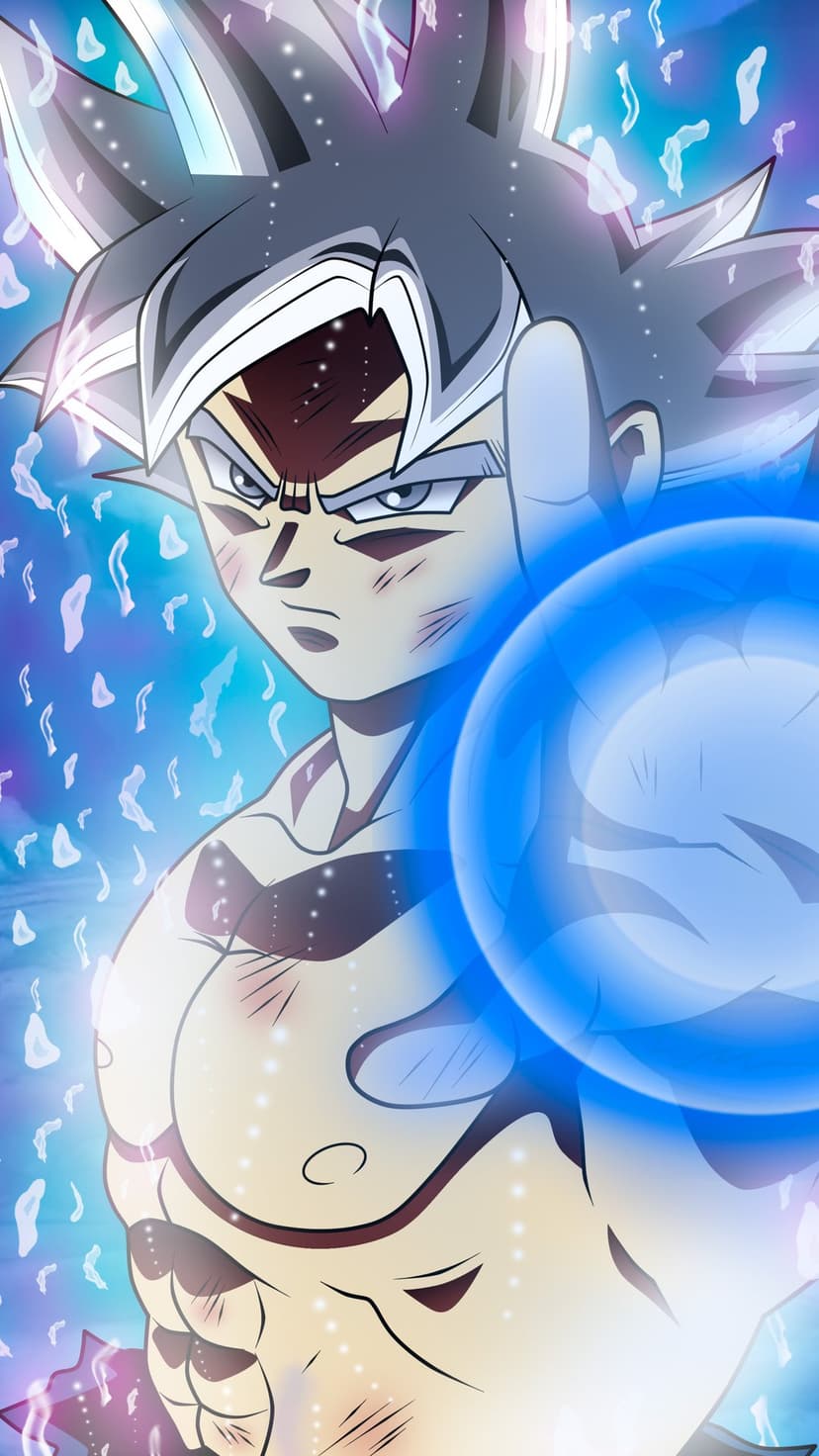 Goku in Mastered Ultra Instinct form charges a glowing blue energy sphere between his hands amidst a white aura.