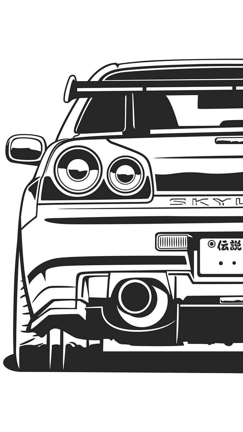 Nissan Skyline R34 rear view featuring four round taillights, a large spoiler, and a single exhaust pipe.