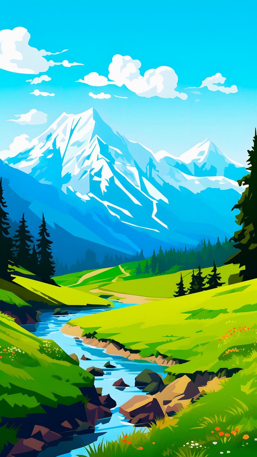 Snow-capped mountains rise behind a winding river and flower-filled meadow lined with dark green pine trees.