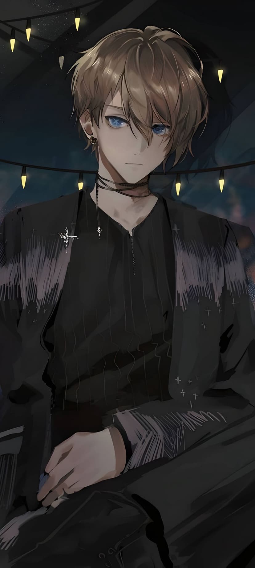 Brown haired male with blue eyes wearing a black jacket and choker necklace in front of glowing fairy lights.