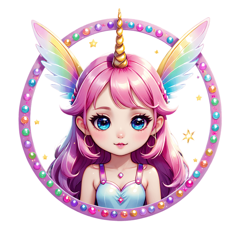 Chibi angel sticker featuring pink hair, rainbow wings, and a unicorn horn inside a beaded circular frame.