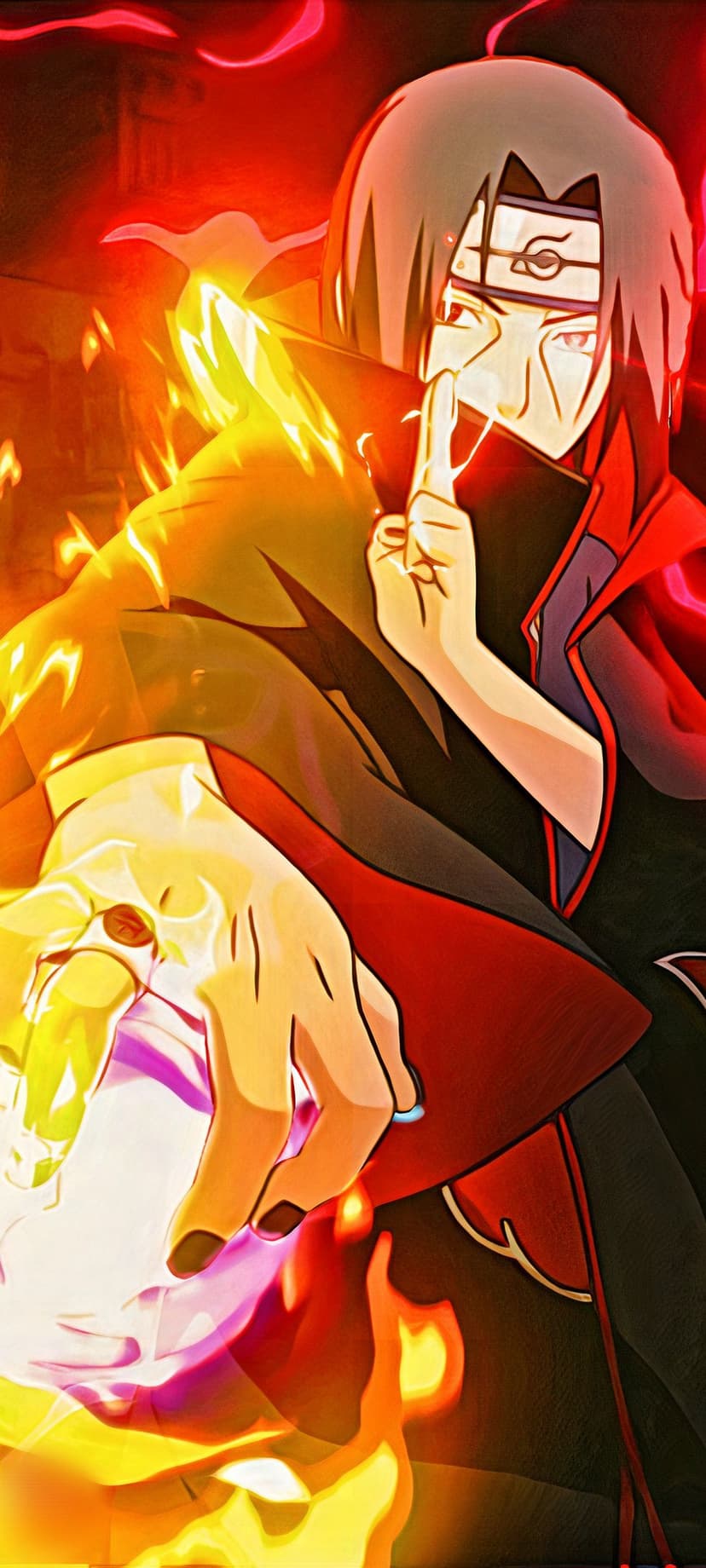 Itachi Uchiha wearing a black Akatsuki cloak performs hand seals amidst swirling orange and yellow fire.